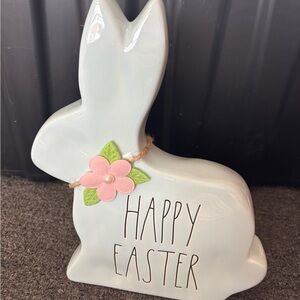 Ceramic Bunny "Happy Easter" Decor - White with Pink Flower